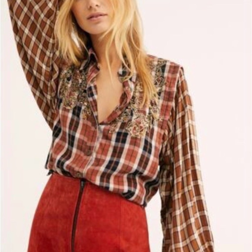 NWOT FREE PEOPLE Plaid Blouse button up blouse size Large